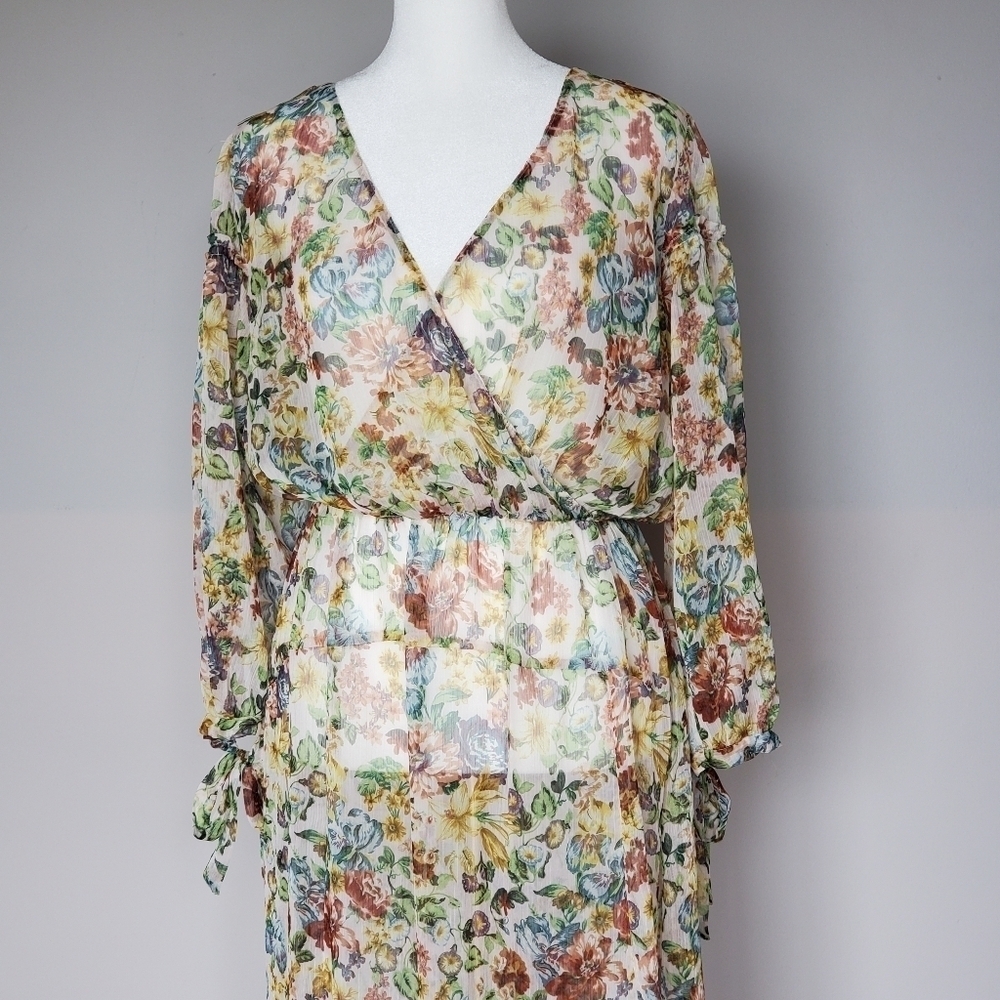 Zara Sheer Floral Cottagecore Tie Sleeve Romantic Flowy Crepe Overlay for Dress - Picture 3 of 8